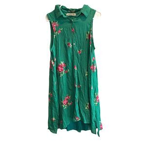 Hope Springs Sleeveless Floral Embroidered Shirt Dress Buttons L Green Cottage